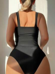 SHEIN Swim Summer Solid Color Separated Tankini Set Carnival - Black - View 2