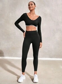 SHEIN Sports Color Block Halter Neck Round Collar Cropped Sports T-Shirt - Black - View 3