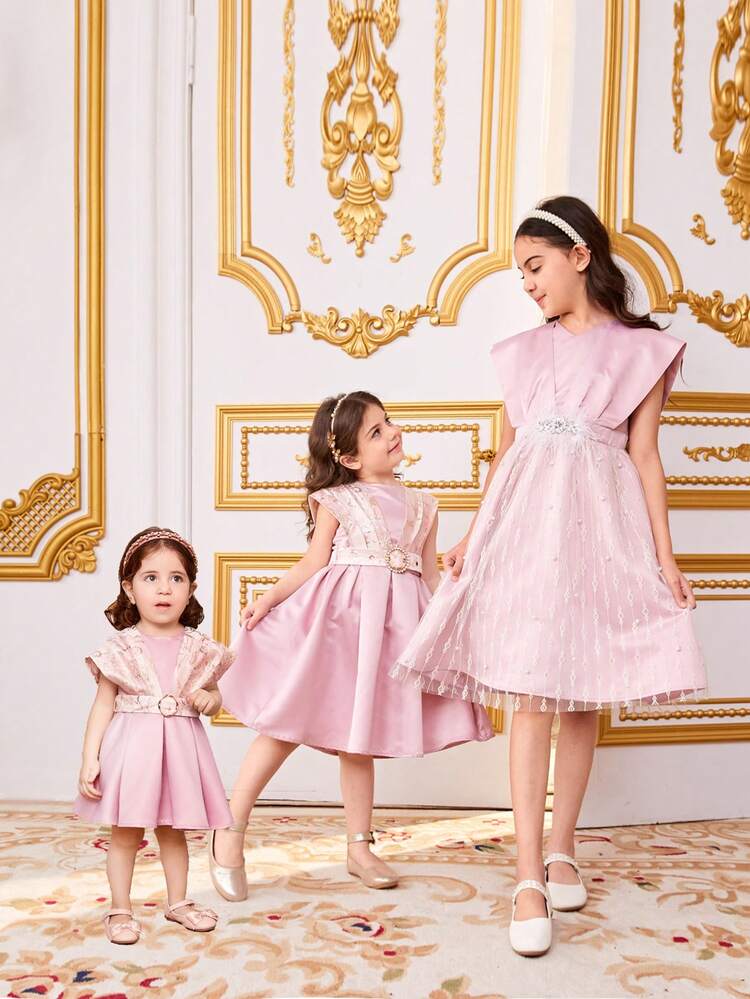 Baby Girl Brother And Sister Outfit, Gorgeous Pleated Sleeveless Dress, With Belt