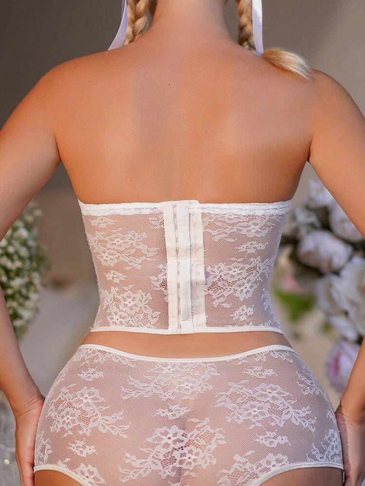 Women's Lace Bowknot Decorated Bandeau Sexy Lingerie Set