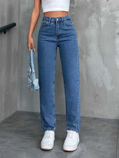 EURMUSE Solid Color Straight Leg Jeans