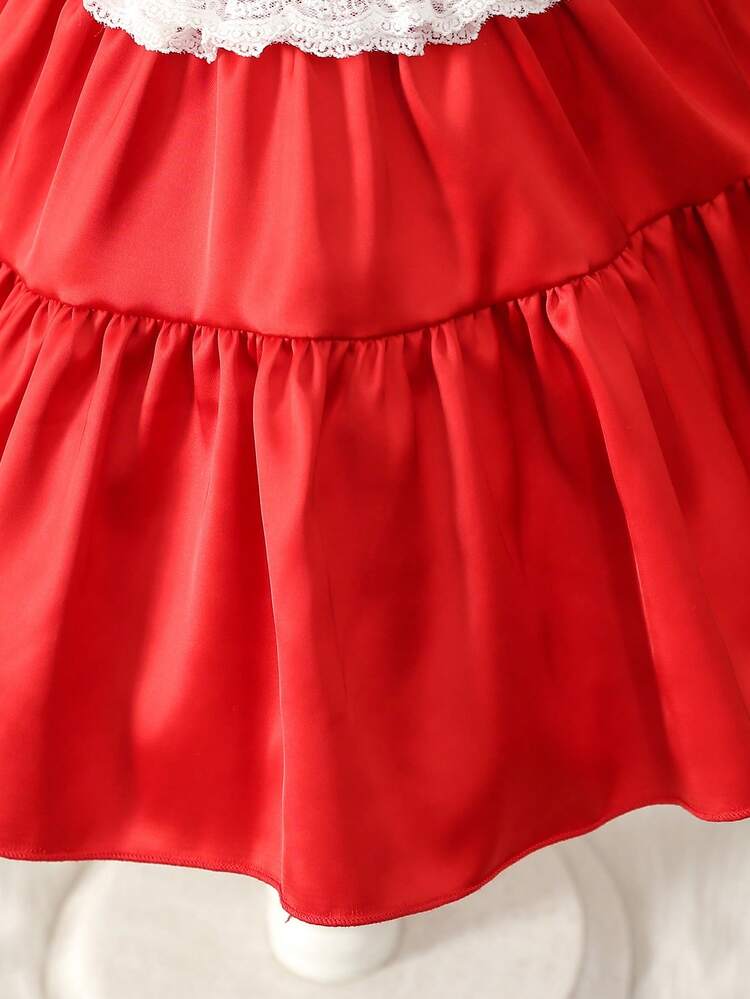 Baby Girl's Red Lace Decorated Dress With Bowknot On The Front For Spring/Summer