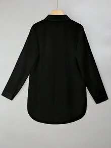 SHEIN Privé 純色鈕扣長袖襯衫 - 黑色 - 查看 2