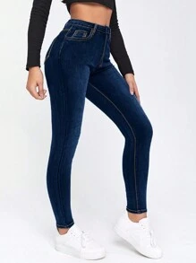 SHEIN Essnce 女式緊身牛仔褲 - 深色水洗藍 - 查看 3