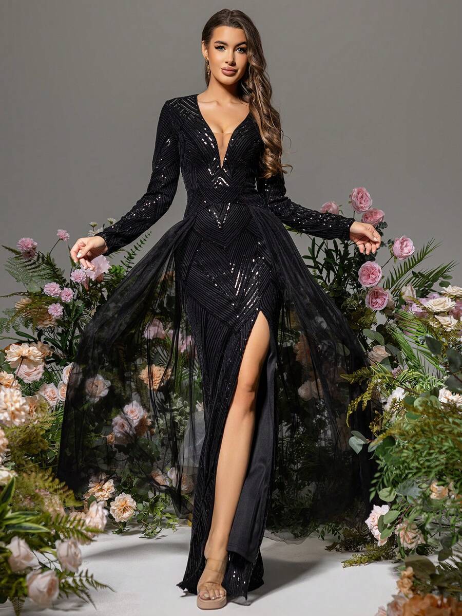 LOVE&LEMONADE Vestido negro de manga larga con abertura, elegante, formal, vestido de noche, vestido para graduación, cena - Negro - Ver 1