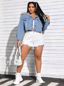 SHEIN EZwear 加大碼顏色拼接束口帽短式牛仔外套 - 淺色水洗藍 - 查看 5