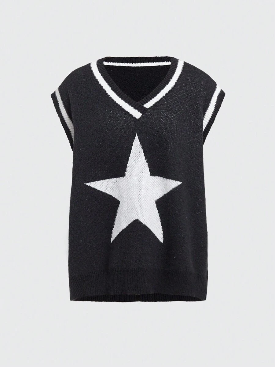 ROMWE PUNK Women's Star Pattern Sweater Vest - Black and White - View 1