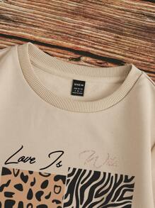 SHEIN EZwear LOVE Casual Leopard & Zebra Print Pattern Round Neck Loose Fit Thick Sweatshirt For Women, Autumn/Winter,Long Sleeve Tops - Apricot - View 5