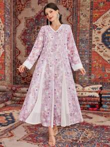 Al Najma V-Neck Long Sleeve Floral Print Dress - Multicolor - View 1