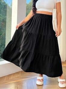 SHEIN EZwear 黑色編織長裙，寬鬆擺型 - 黑色 - 查看 1