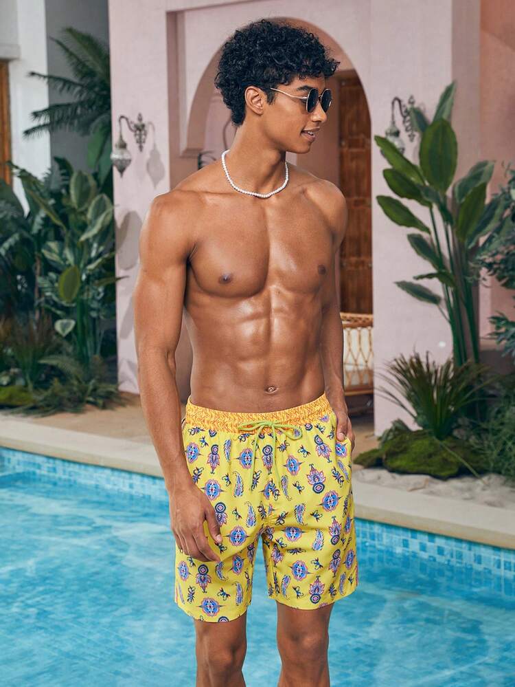 Men's Print Drawstring Beach Shorts