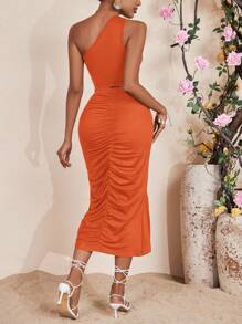 Breezaya 純色單肩背心和褶襉開衩下擺假日風格裙子套裝 - 橘色 - 查看 2