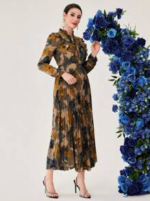 Modelyn 女士系带领褶皱连衣裙，搭配渐变色花朵印花，超长女士装长款晚礼服 - 彩色 - 查看 7