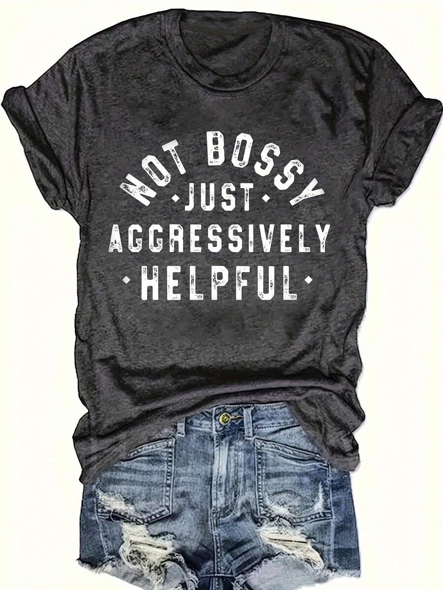 INAWLY 女式印花短袖 T 恤，带标语“NOT BOSSY JUST AGGRESSIVELY HELPFUL”图案 T 恤女式上衣 - 深灰色 - 查看 1