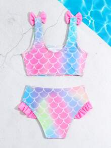 SHEIN Young Girls' Swimwear Set, Mermaid Fish Scale Design Bowknot Bikini Kids Swimming ,Kids Beachwear