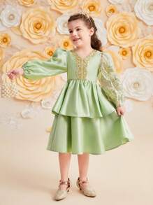 SHEIN Young Girl Loose And Lovely Lantern Sleeve Dress With V-Neck And Strap Decoration - Multicolor - View 1