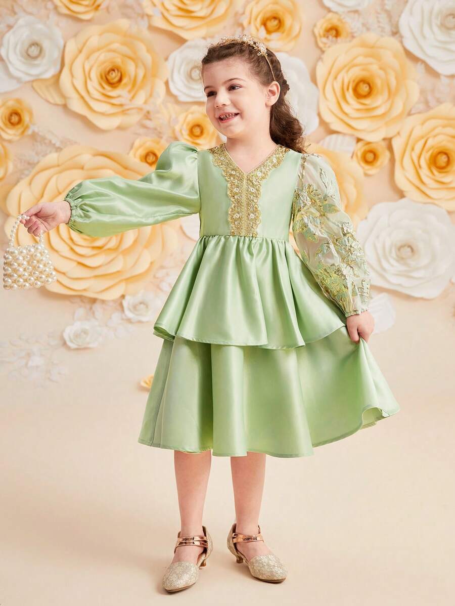 SHEIN Young Girl Loose And Lovely Lantern Sleeve Dress With V-Neck And Strap Decoration - Multicolor - View 1