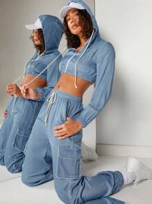 SHEIN Unity 撞色短款连帽衫和工装裤两件套 - 藍色 - 查看 1