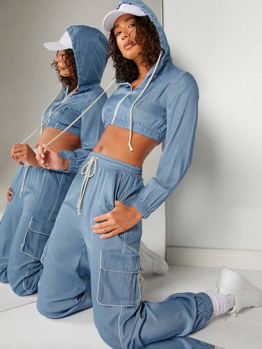 SHEIN Unity 撞色短款连帽衫和工装裤两件套 - 藍色 - 查看 1