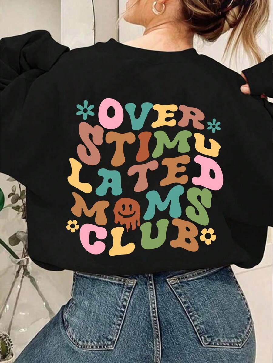 SHEIN EZwear 加大尺碼女款寬鬆卡通圖案連帽衫 - 黑色 - 查看 1