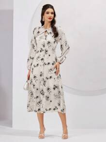 Seusyu 女款花卉印花燈籠袖連身裙 - 杏色 - 查看 5