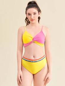 SHEIN Bộ bikini dây đeo khối màu sắc dành cho cô gái tuổi teen có dây đeo spaghetti - Nhiều màu - Xem 4