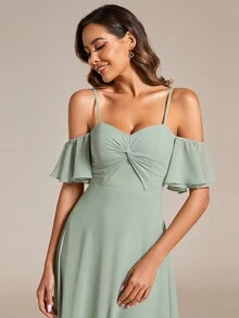 EVERPRETTY Chiffon Open Shoulder Bridesmaid Dress With Twist Knot And Ruffled Sleeves - Mint Green - View 5