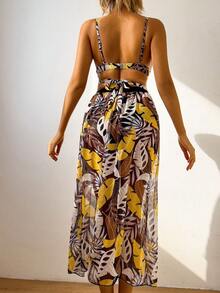 SHEIN Swim Bộ bikini in hình cây nhiệt đới đi biển mùa hè cho nữ - màu đen - Xem 2