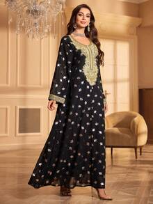 Rhinestone Embellished Long Sleeve Kaftan Maxi Dress