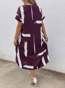 SHEIN LUNE Váy suông tay cánh dơi in họa tiết cọ cỡ lớn cho nữ - Màu tím - Xem 2