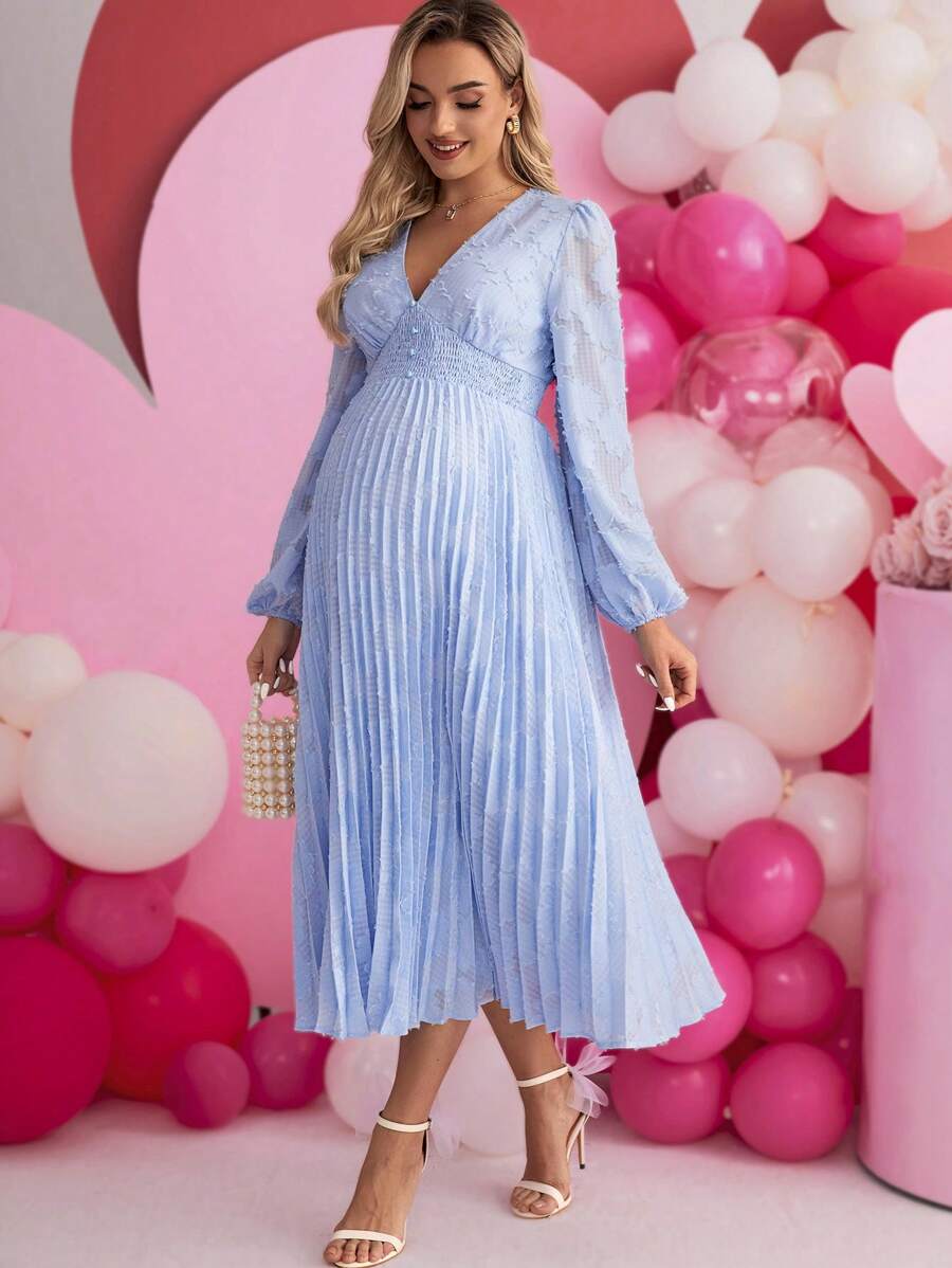 SHEIN Maternity Elegant & Romantic Long Sleeve Midi Dress With V-Neck For Party - Blue - View 1