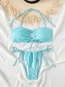 SHEIN Swim Bộ bikini kết cấu rắn chắc trên bãi biển mùa hè - Màu xanh lam - Xem 3