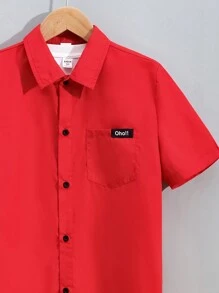 SHEIN 兒童休閒街頭風格貼布設計短袖針織鈕扣恤衫 - 紅色 - 查看 5