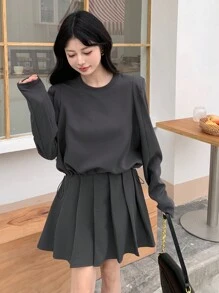 DAZY Ladies' Solid Color Round Neck Long Sleeve T-Shirt And Skirt Set - Brown - View 3