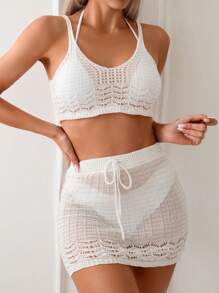 SHEIN Swim Ladies' Solid Color Hollow Out Cover Up Summer - White - View 3