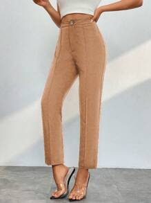 SHEIN PETITE Women's Solid Color Cropped Pants - Khaki - View 6