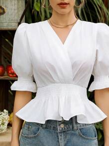 SHEIN Frenchy Women's Solid Color Short Sleeve Cinching Waist Shirt
