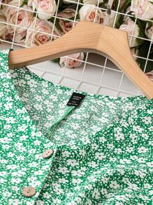 SHEIN LUNE 大码碎花纽扣前开襟连衣裙女装 - 綠色 - 查看 4