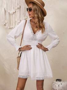 Breezaya Guipure Lace Insert Shirred Waist Dress Vacation Beach Outfits Women Fall Cloth For Women - White - View 6