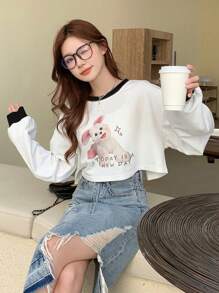 DAZY 女性短款狗狗和字母印花運動衫 - 白色 - 查看 4