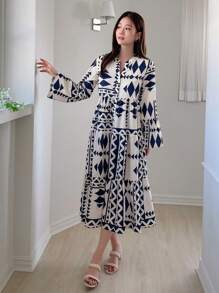 DAZY Vestido suelto con estampado geométrico todo sobre, cuello escotado, mangas acampanadas, volantes, ropa de mujer para otoño
