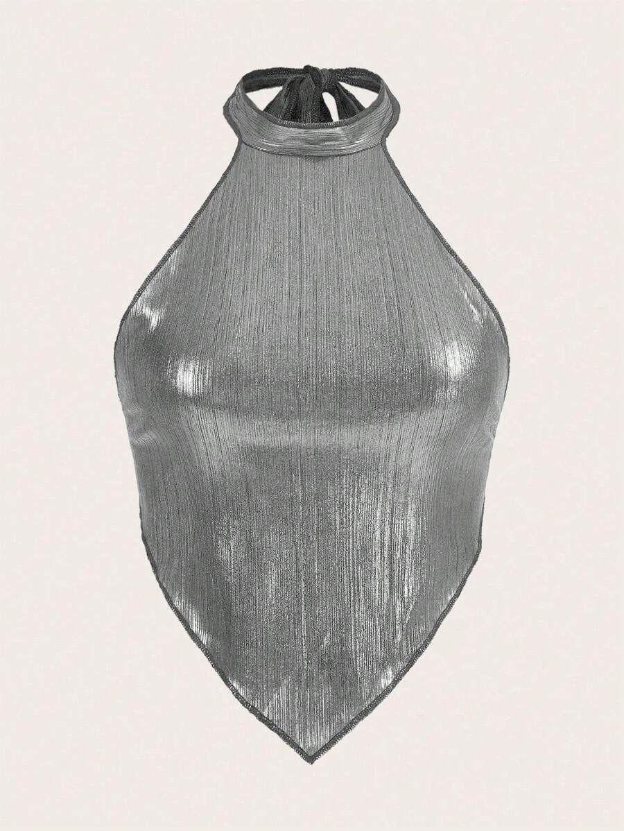 SHEIN ICON Y2k Camiseta Sin Mangas Con Cuello Halter Y Dobladillo Asimétrico Con Textura Metálica Para Mujer - Plateado - Ver 1