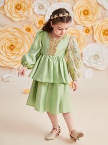 SHEIN Young Girl Loose And Lovely Lantern Sleeve Dress With V-Neck And Strap Decoration - Multicolor - View 6