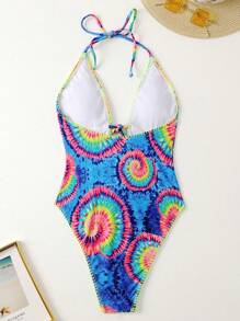 SHEIN Swim Summer Beach Women's Tie-Dye Halter One-Piece Swimsuit - Multicolor - View 2