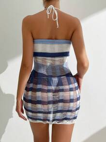 SHEIN Swim Summer Women's Contrast Color Hollow Out Cover-Up (Halter Neck Dress) - Multicolor - View 2