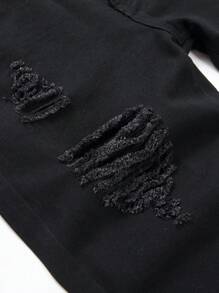 男童撞色幾何圖案仿舊牛仔短褲 - 深色水洗藍 - 查看 3