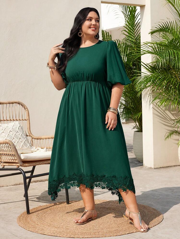Plus Size Round Neck Lantern Sleeve Dress
