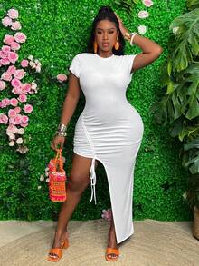 Slaydiva 大尺寸純色短袖開叉下擺連身裙 - 白色 - 查看 3