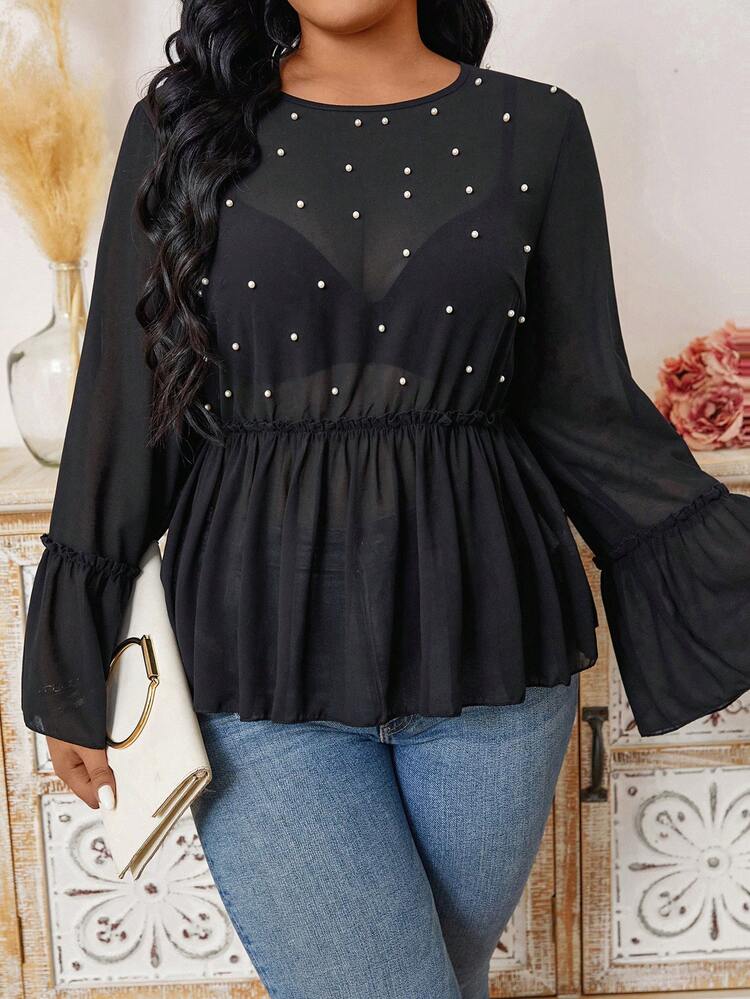 Plus Size Women's Pearl Beaded Bell Sleeve Top Fall Cloth For Women