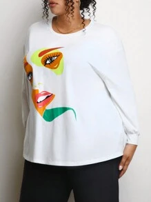 SHEIN CURVE+ Plus Size Women's Abstract Human Face Printed Drop Shoulder Long Sleeve T-Shirt - White - View 6